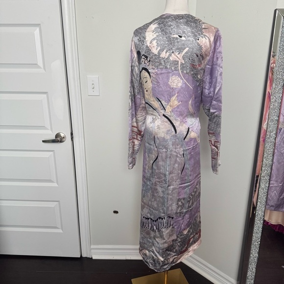 Vintage 100% Silk Kimono Robe Duster w Print japanese dragon geisha XL lavender - Picture 6 of 15